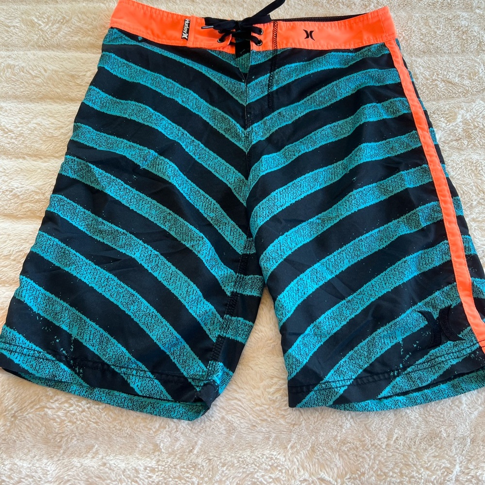 Hurley Men's Black and Blue Striped Shorts
